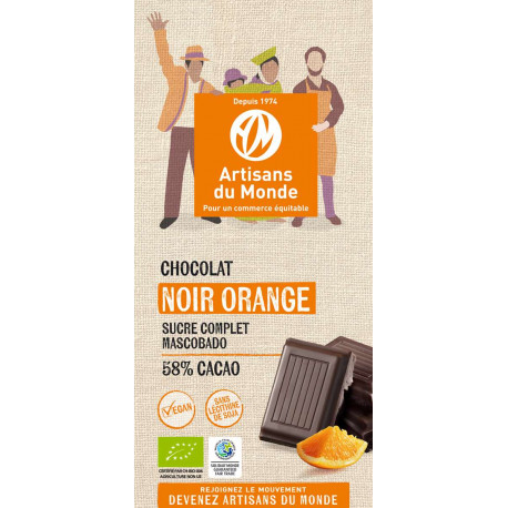 Chocolat noir orange 100g, cacao 58 % bio