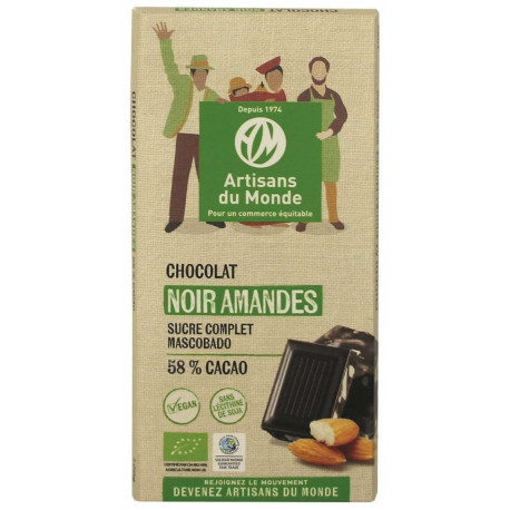 Chocolat noir Amandes 100g, cacao 58% bio
