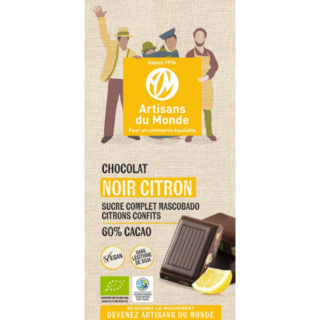 Chocolat noir citron 100 gr, cacao 60% bio