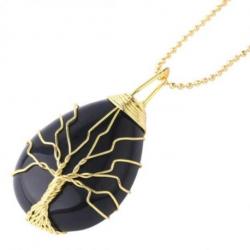 Collier doré + pendentif goutte Arbre de vie en Onyx