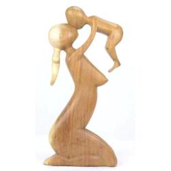 Statue abstraite Maman et Bébé 20cm en bois Brut